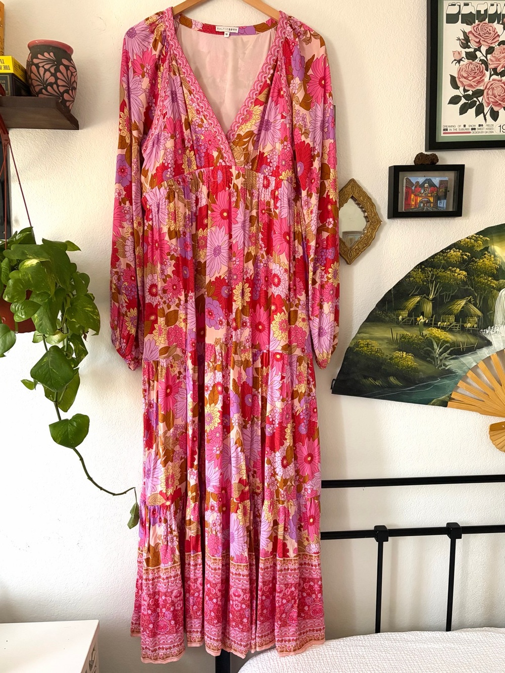 Boho 70s Malena Maxi Dress Pink Floral V-neck Long Sleeve by Baltic Born 1X